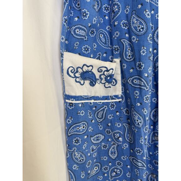 Vintage 70s Blue Paisley House Dress Embroidered Pockets Cowgirl Mini - Picture 2 of 9